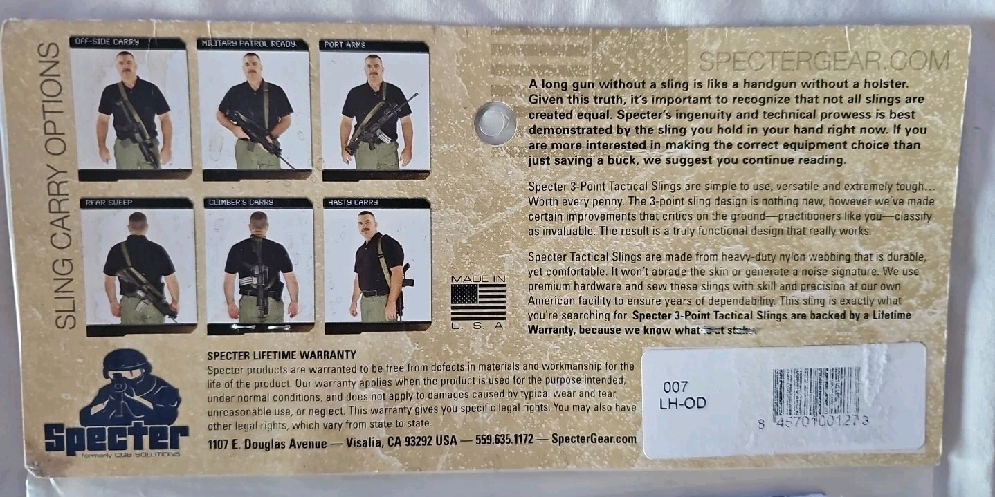 Specter Gear #007 LH-OD CQB Sling CAR-15 *LEFT HAND* OD Green *NEW IN PACKAGE *