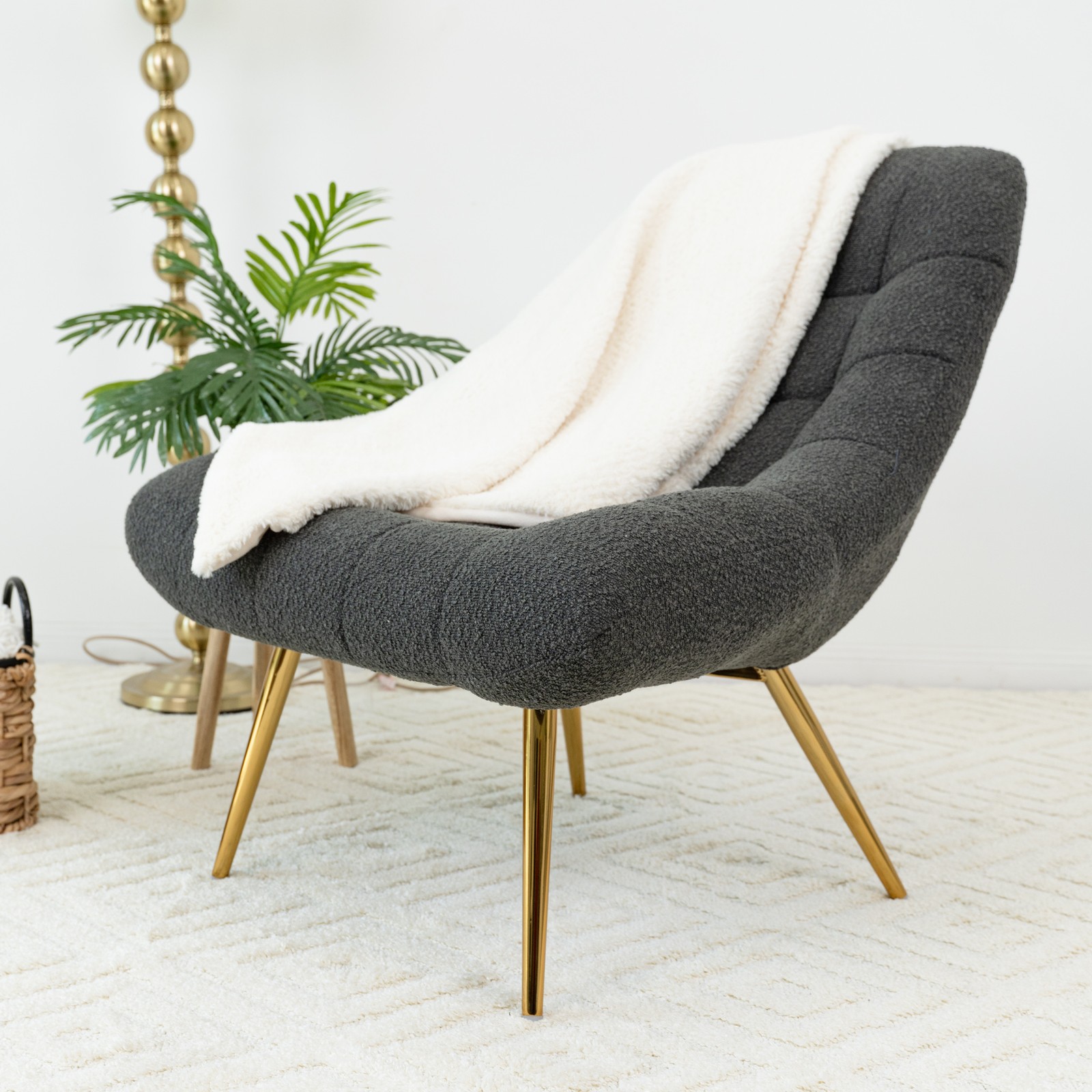 French Boucle Lounge Chair, Upholstered Wingback Accent Chair for Living Room