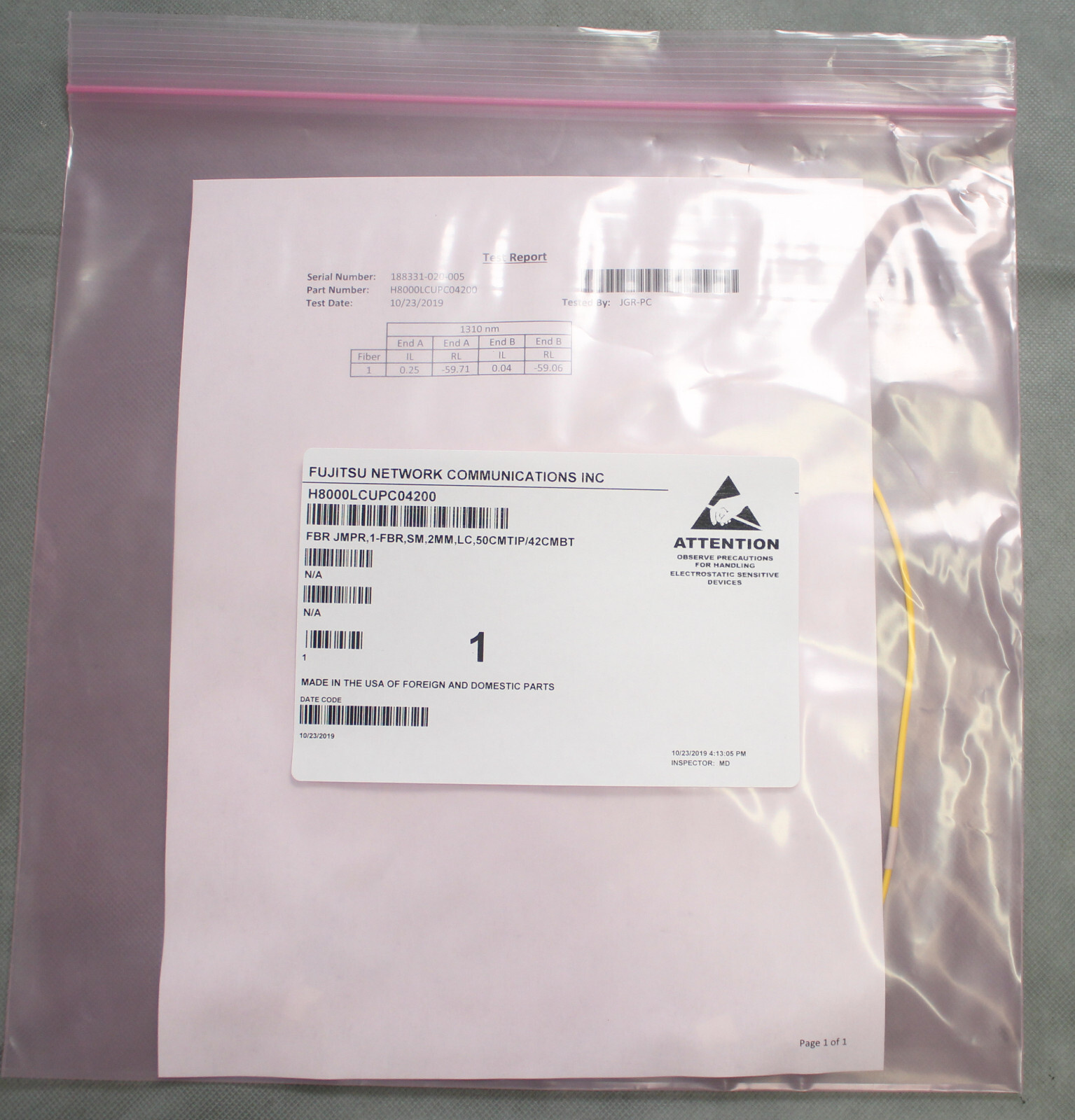 FUJITSU NETWORK COMM H8000LCUPC04200 FIBER CABLE FBR JMPR, 1-FBR,SM,2MM,LC,50CMT