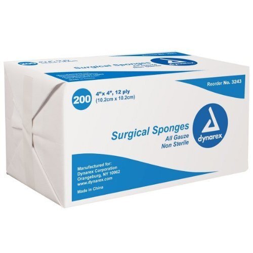 Dynarex Non Sterile Surgical Sponges All Gauze Wound Pads 4X4 12 Ply 200 Count