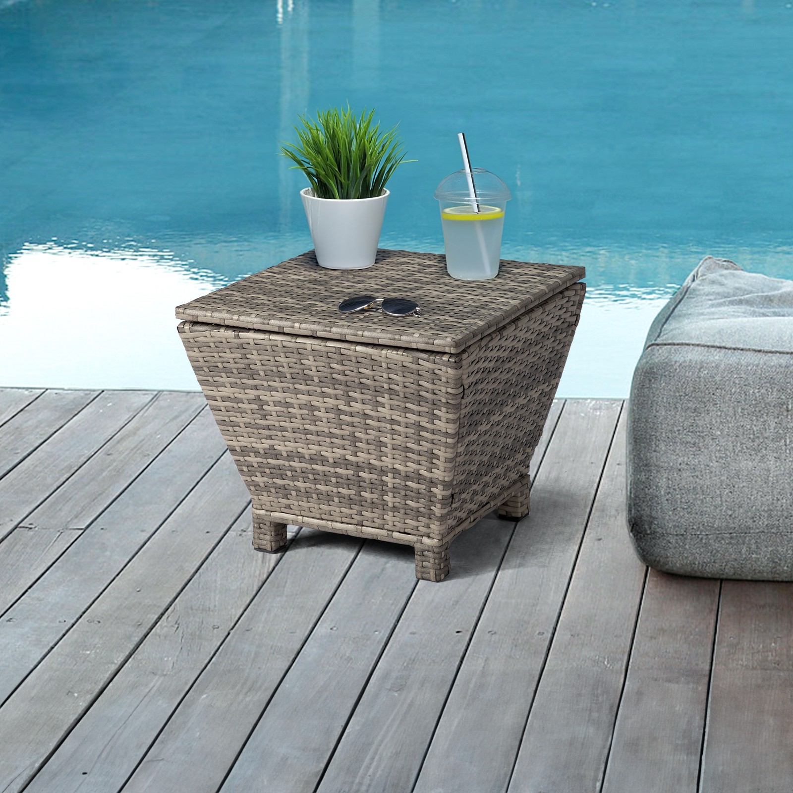 Outdoor PE Wicker Side Table with Storage, Small Patio Storage Bin