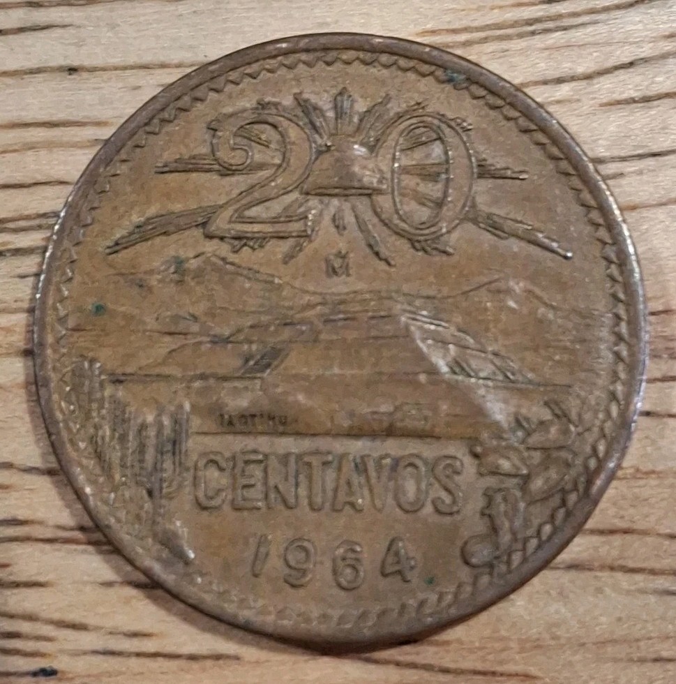 1964 Mexico 20 Centavos Coin Bronze Coat of Arms Teotihuacan Vintage