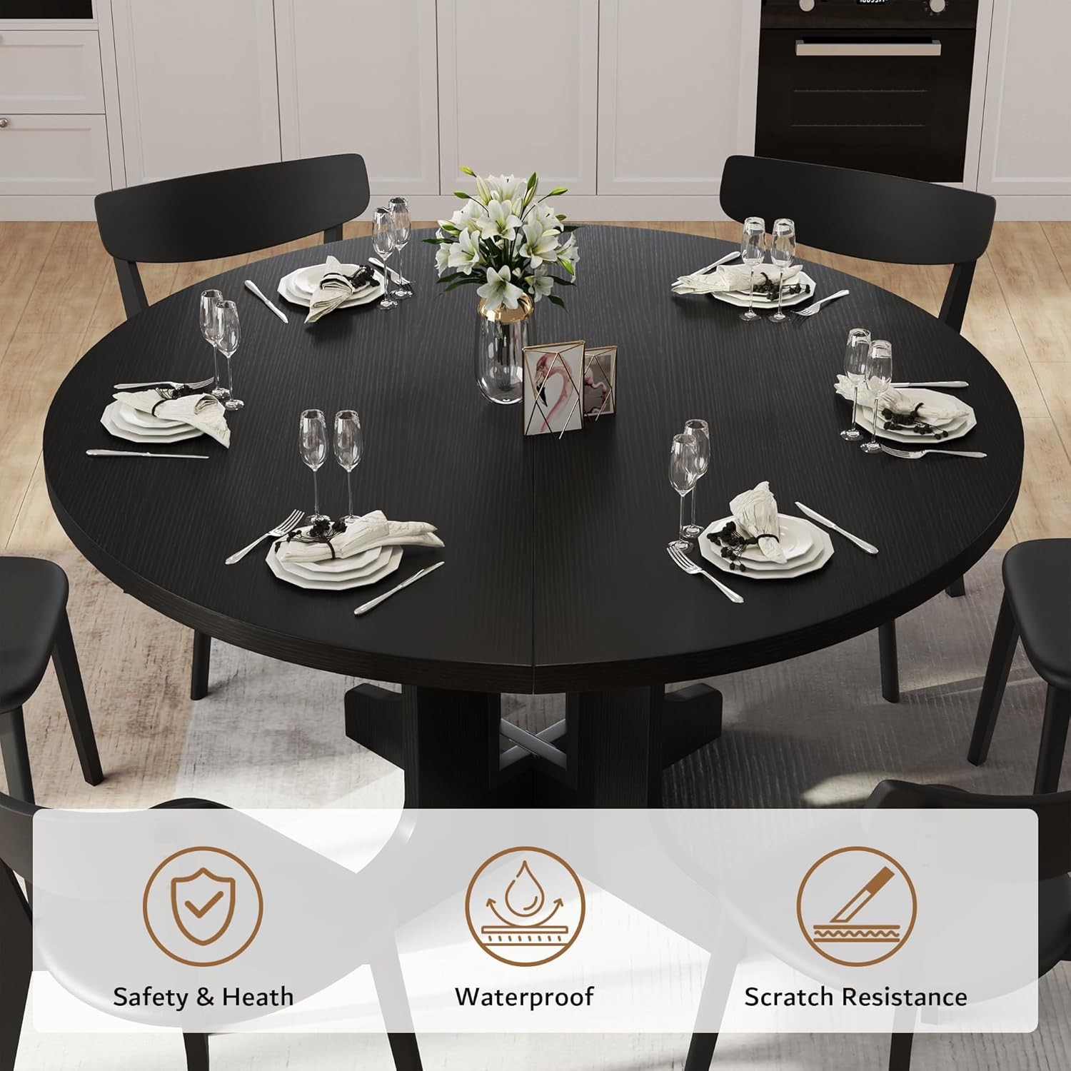 59" Extendable Round Dining Table for 4-6, Modern Kitchen Table with Heavy Duty