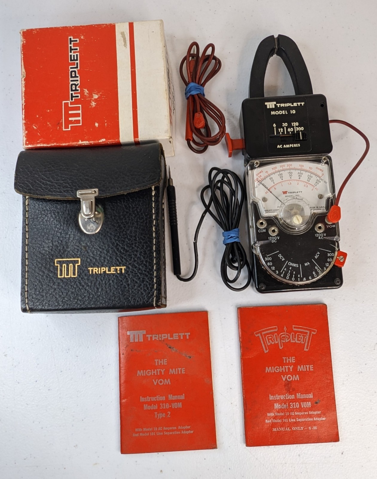 Vintage Triplett Mighty Mite 310 VOM Multimeter w/ Model 10 AC Clamp Case Manual