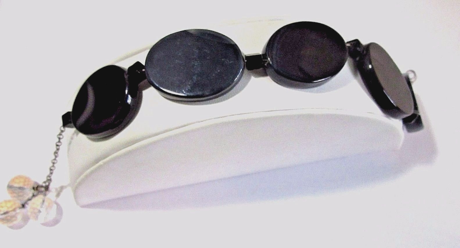 HANDCRAFTED BRACELET LARGE BLACK OVAL GEMSTONES WITH THREE DANGLE CRYSTAL BEADS