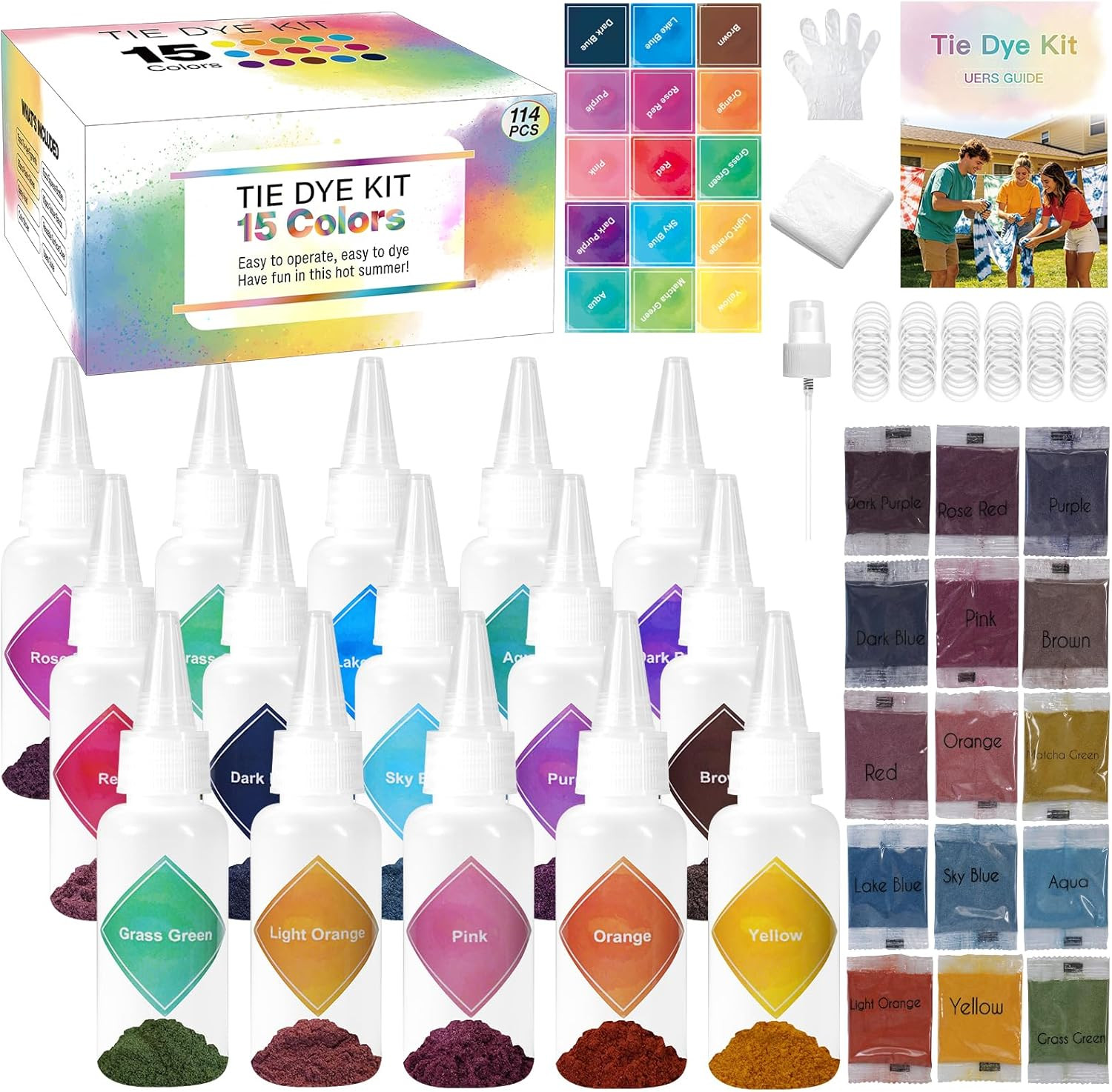 Tie Dye Kit, 15 Colors Tie Dye Set, One-Step Fabric Dye Supplies with Squeeze Bo