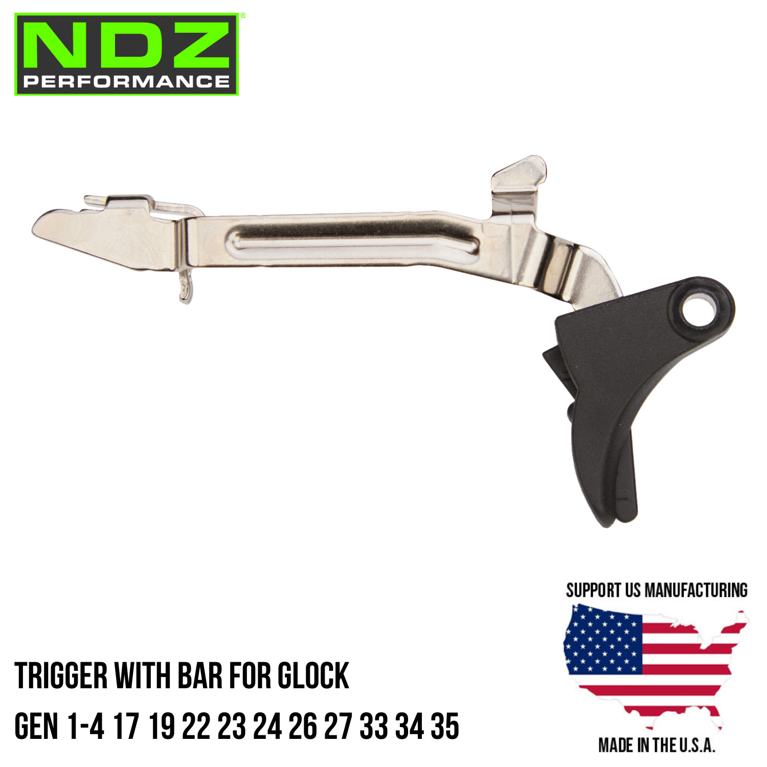NDZ Glock Gen 1-4 17 19 22 23 26 34 Trigger with Bar Polished Steel & Polymer
