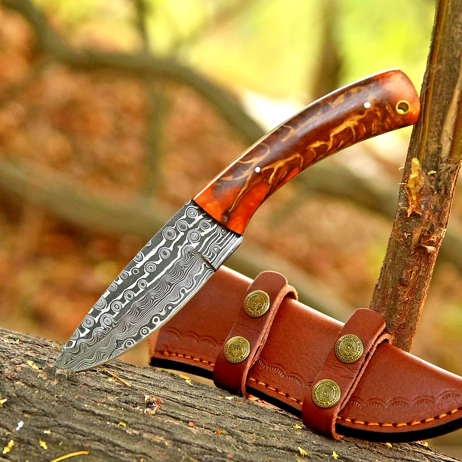 Handmade Damascus Steel Tactical Skinner Knife Hunting Fix Blade Pinecone Handle
