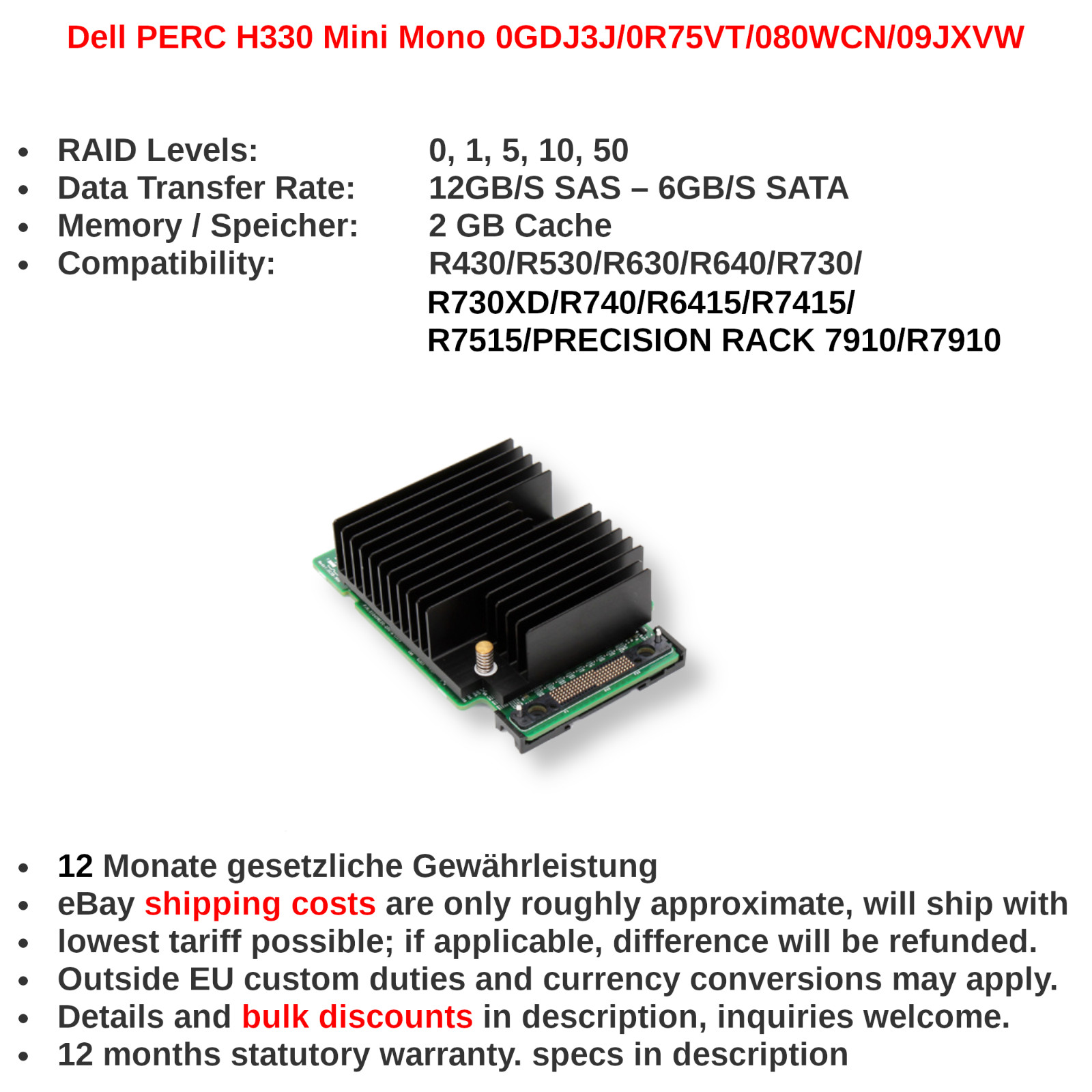 Dell PERC H330 Mini Mono 0GDJ3J 12Gb/s SAS 8-Port RAID Controller PE R430 R530