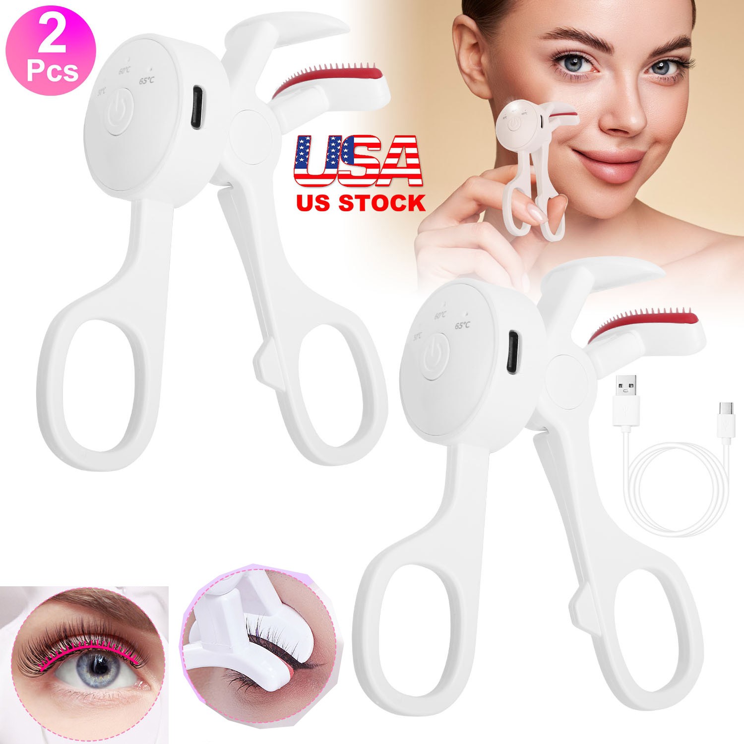 Versatile Electric Heated Eyelash Curler w/ Comb 2Pcs USB Rechargeable Anti-Burn