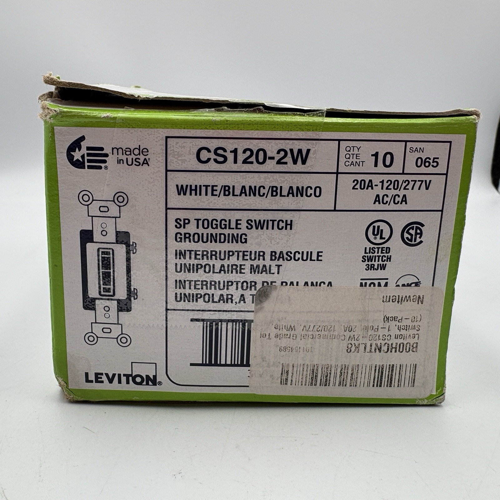 Pack of 10 Leviton CS120-2W White Single Pole Toggle Switches 20A 120/277V