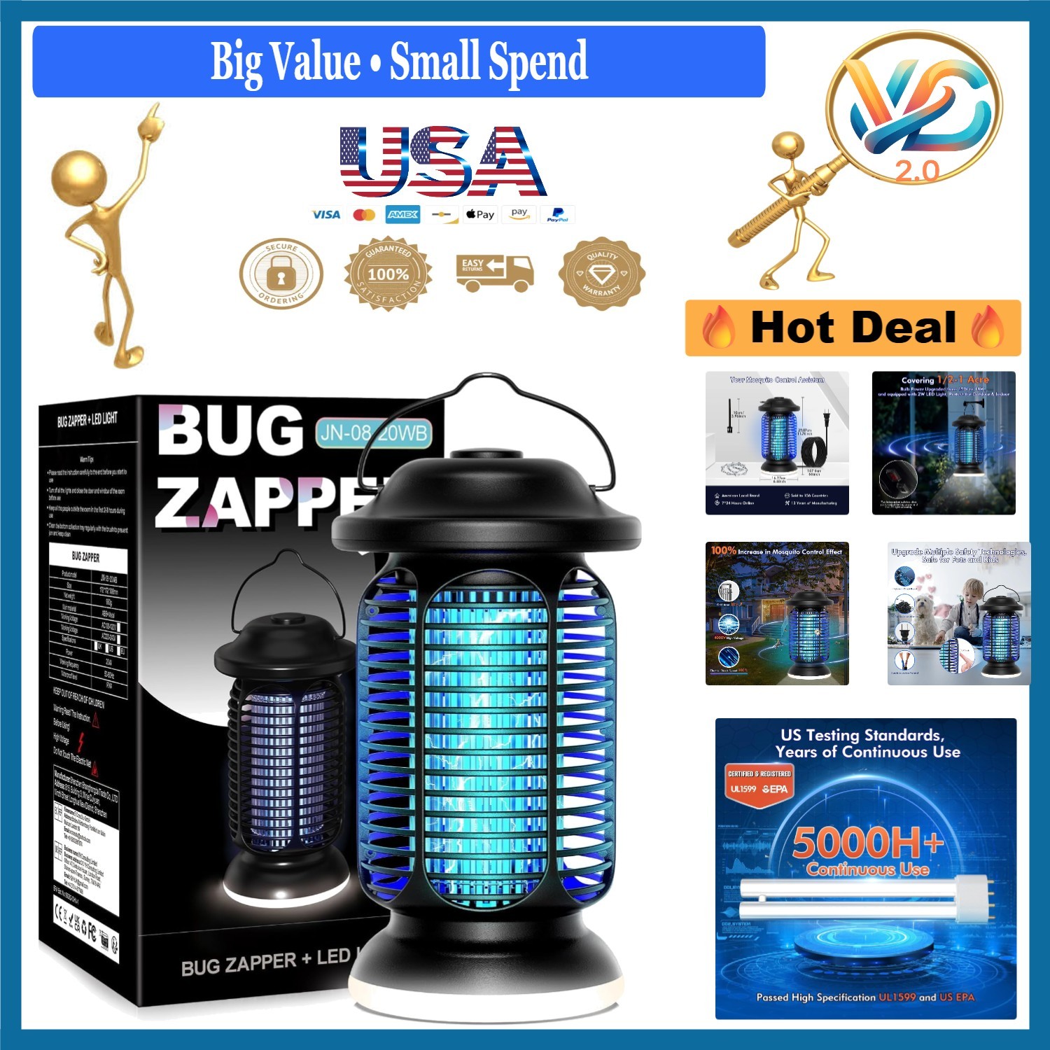 Waterproof Outdoor Bug Zapper 18W with 2W LED Light 4000V 1/2 Acre Coverage