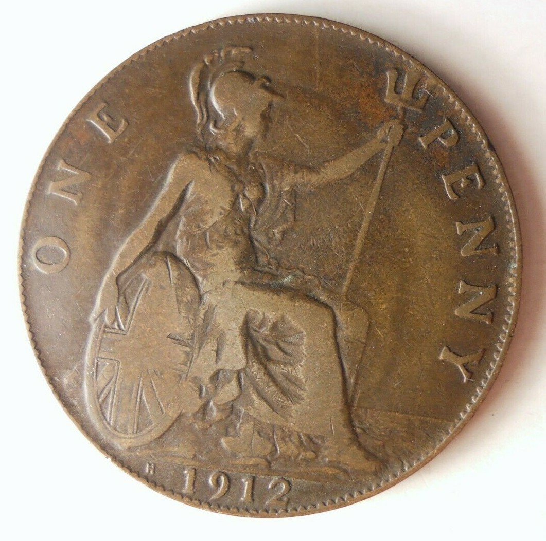 1912 H GREAT BRITAIN PENNY - Excellent Coin -Free Ship - Premium Vintage Bin #12
