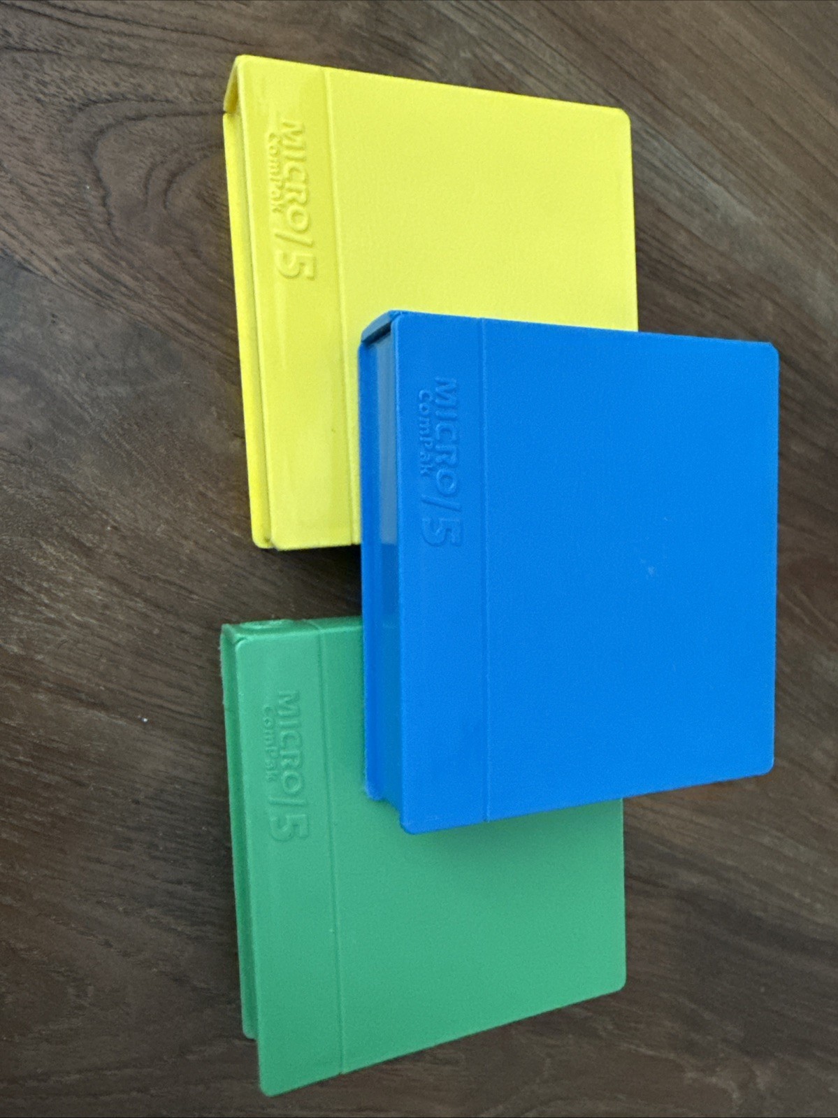 3 vintage Plastic Small Micro/5 Compak Floppy Disk Holder. Blue, Green & Yellow