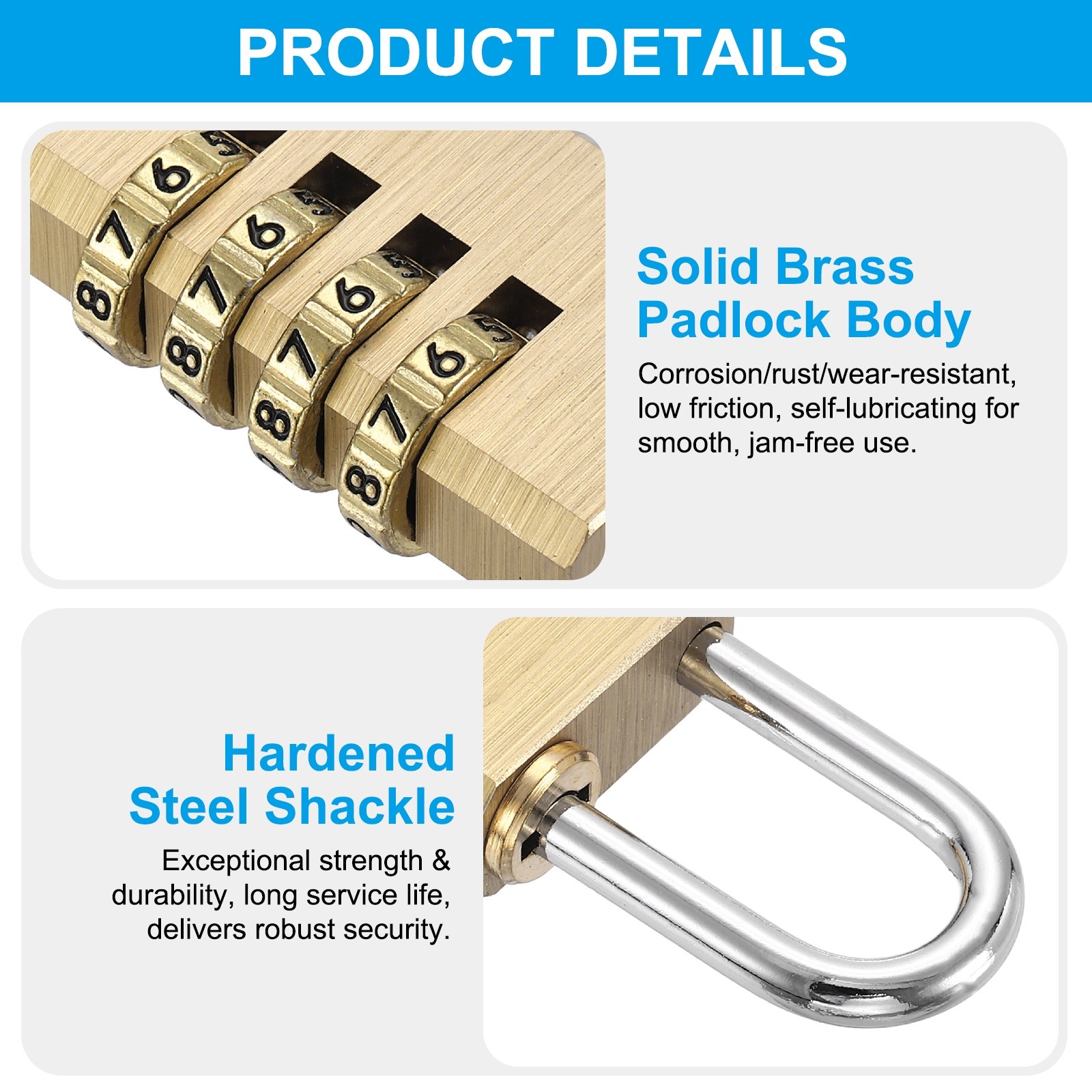 Brass Combination Lock 3.15", 2Pcs 4 Digit Resettable Combination Padlock Yellow