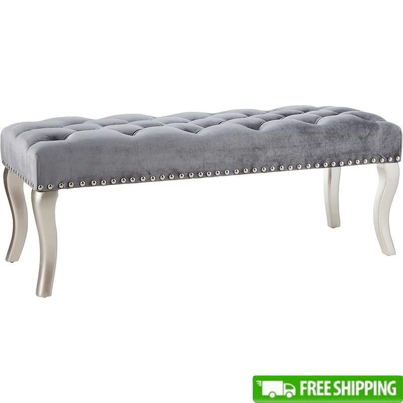 Contemporary Velvet Upholstered Bench W/ Nailhead Trim & Crystal Button Tufting