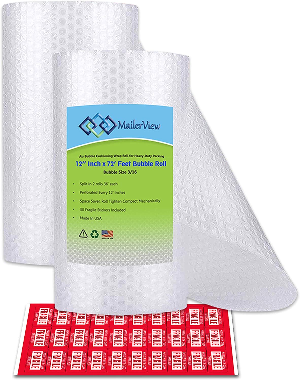 Air Bubble Cushioning Wrap Roll for Heavy-Duty Packing [12 Inch x 72 Feet Total,