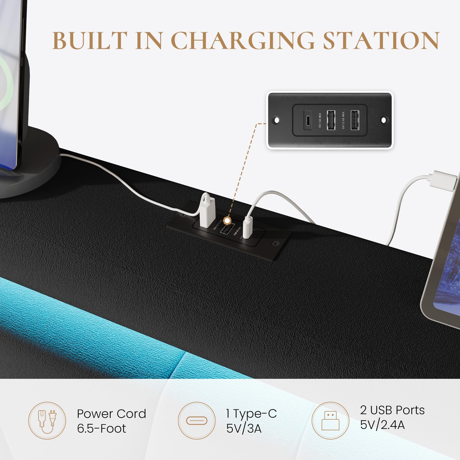 Full Size Bed Frame with Charging Station and LED Lights, Modern Velvet Platf...