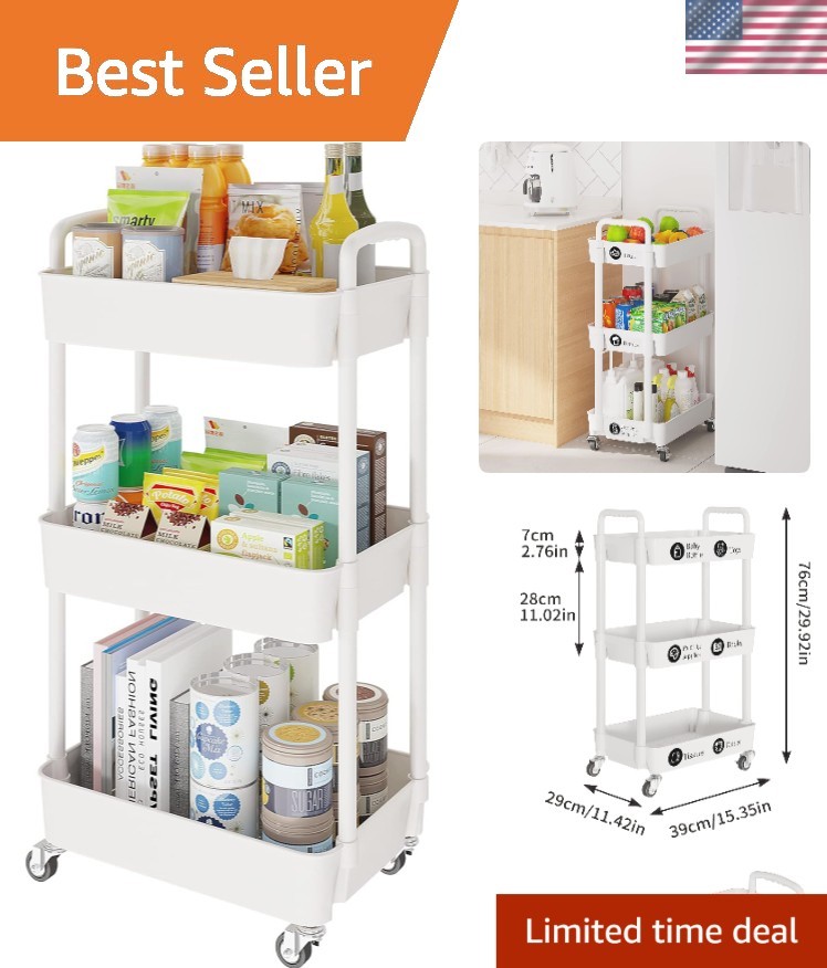 Elegant 3-Tier Rolling Cart with 360-Degree Wheels - Home Organizer in White