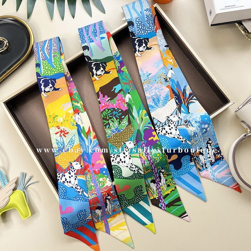Sallys 18 Momme Twill Silk Scarf Ribbon Dogs Print Hair Bag Neck Tie 85*5cm
