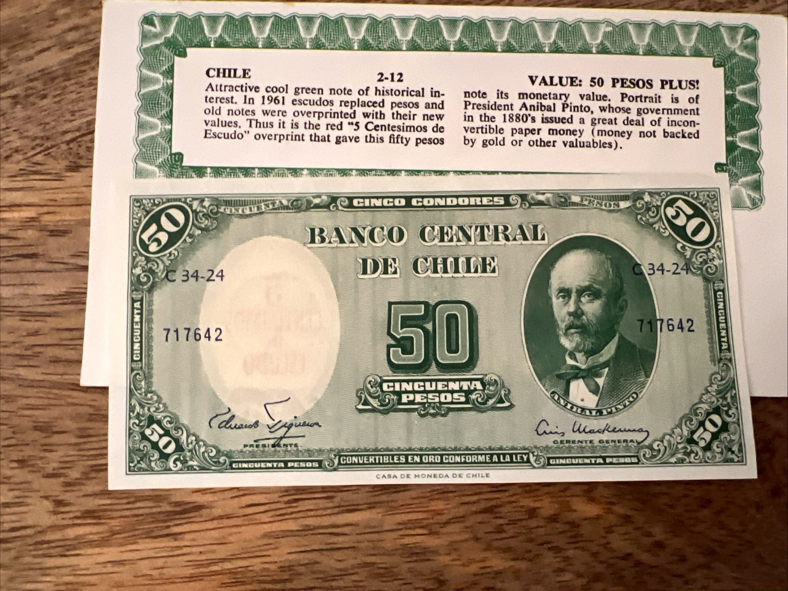 CHILE 50 PESOS Bill - South Anerican Chile Banknote 5 Centesimos De Escudo