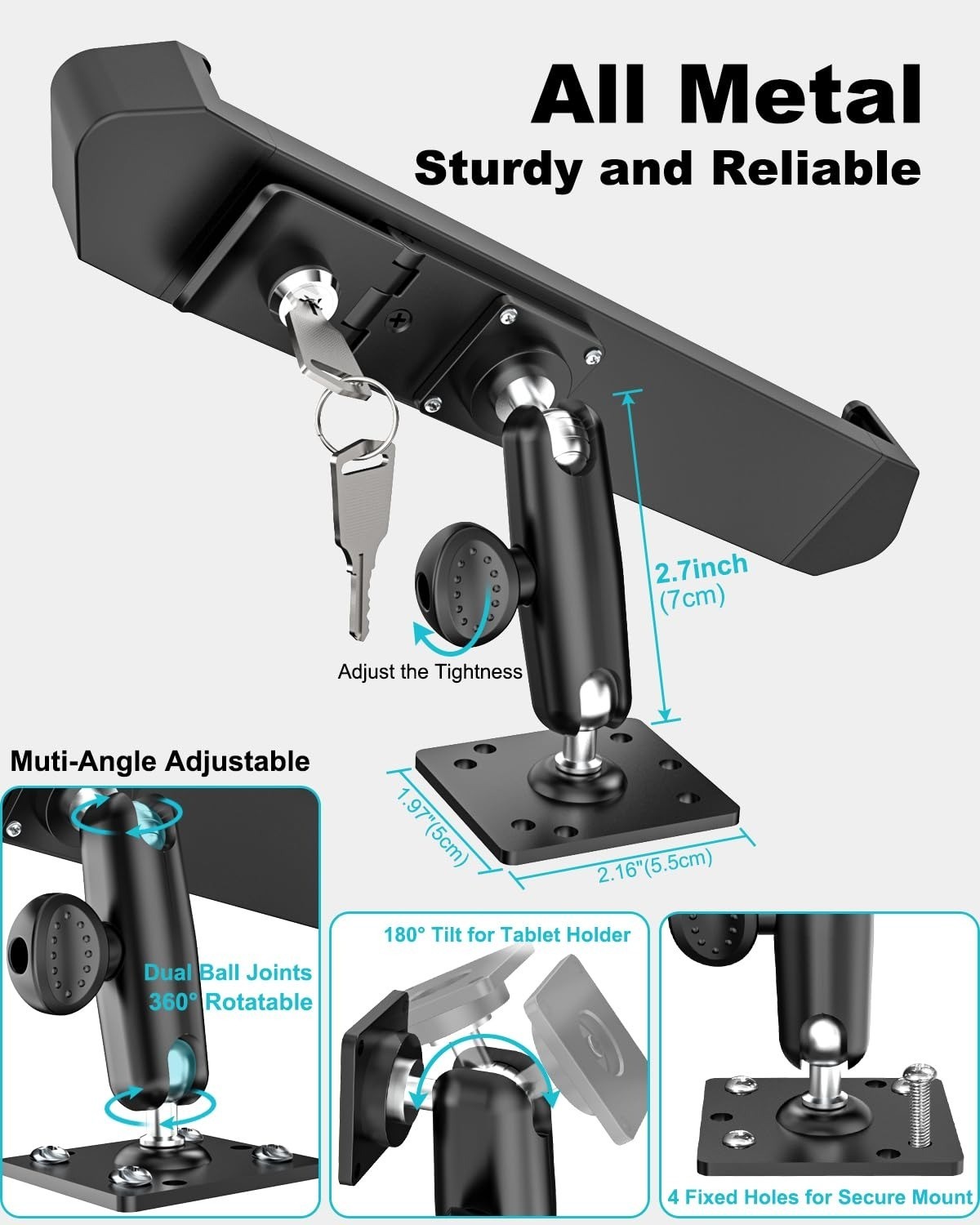 Security Car Tablet Mount, Industrial Heavy Duty Tablet Holder with Lock & Key,
