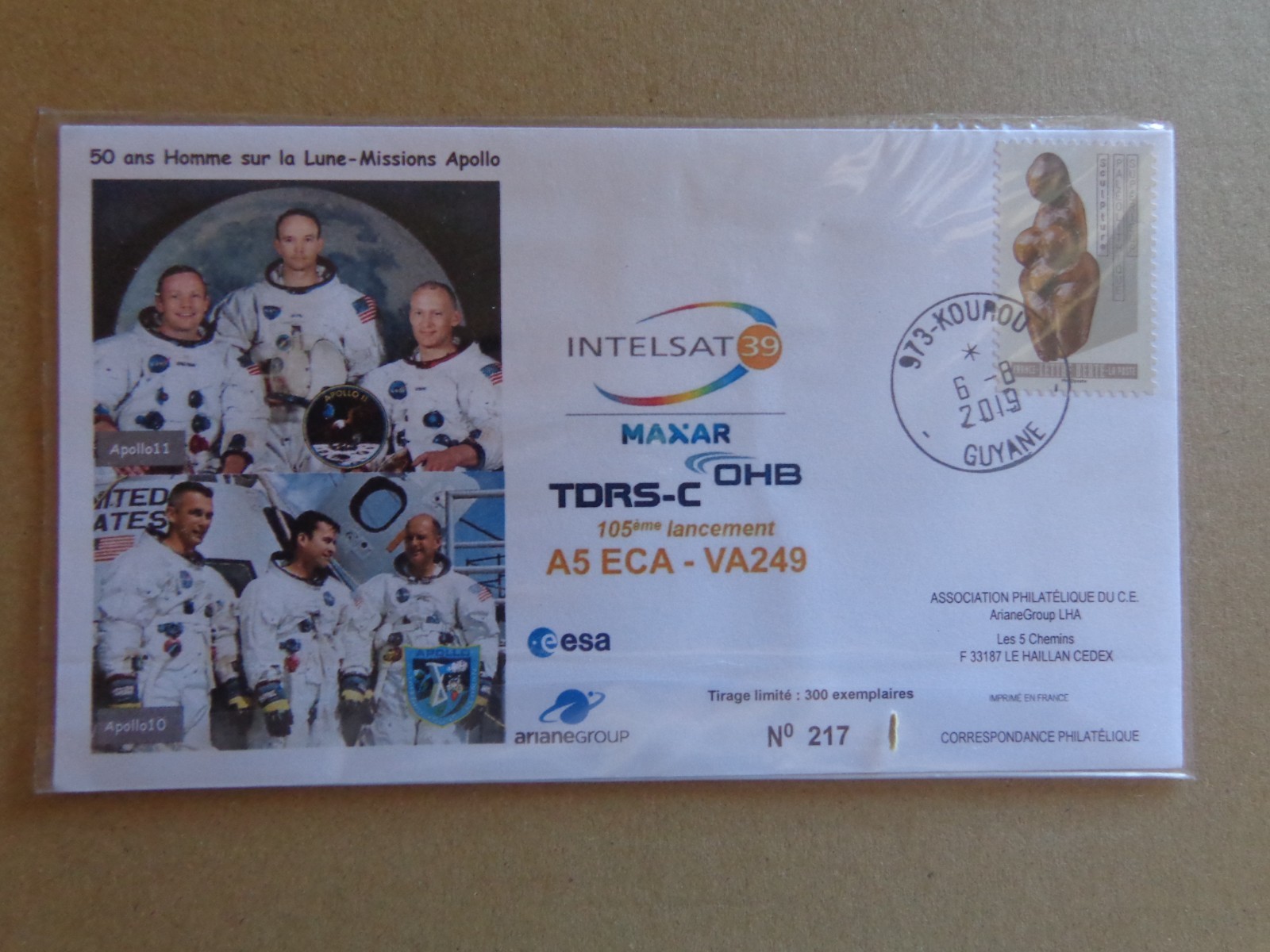2019 - FDC - GUYANE, SPACE, TDRS-C 105° LANCEMENT A5 ECA - VA249, n° 217/300