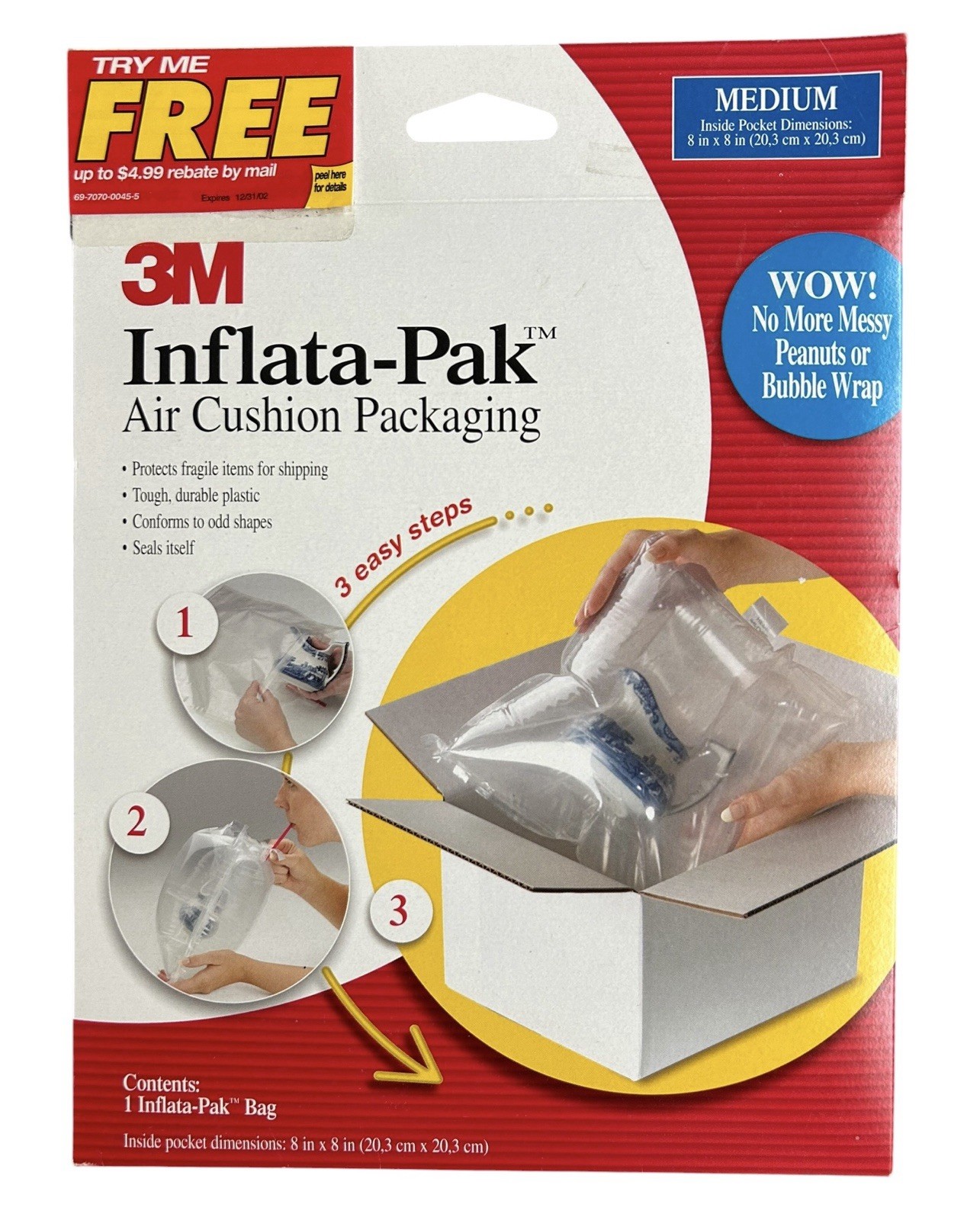 3M INFLATA-PAK Air Cushion Packaging Pocket Shipping Padding Bag MEDIUM 1 Pack