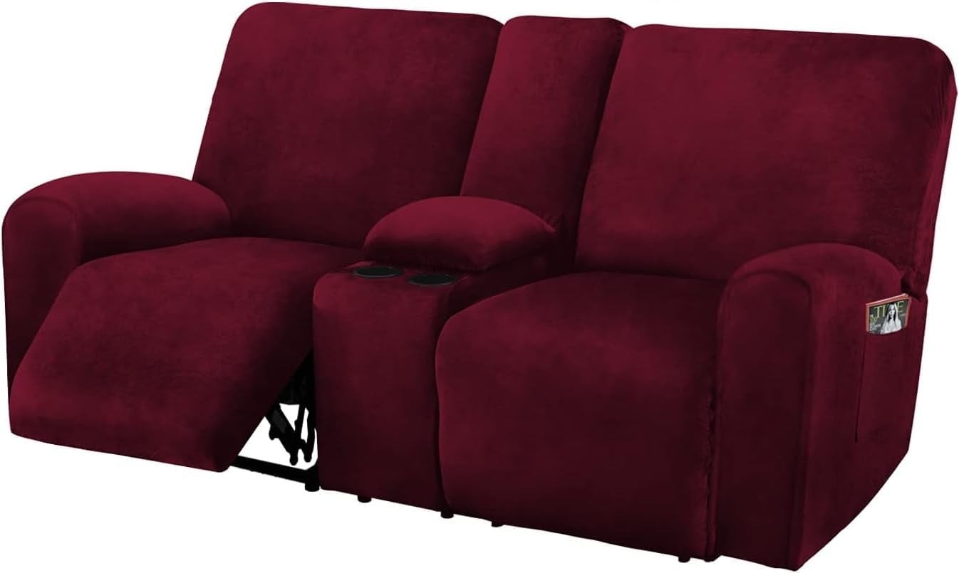 Reclining Love Seat with Middle Console Slipcover, Veet Stretch Loveseat
