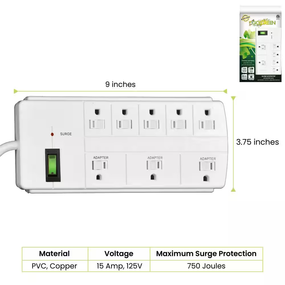 8-Outlet 6 Ft. Cord Surge Protector Lighted Rocker Switch, White