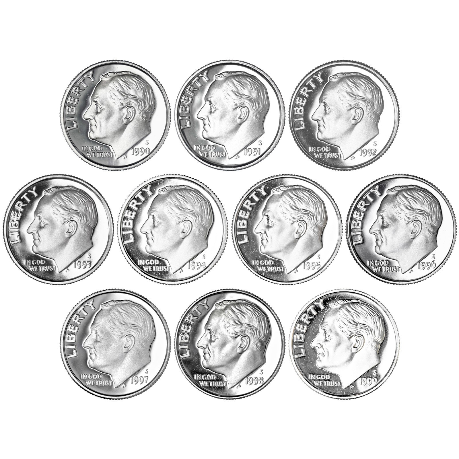 1990-1999 S Roosevelt Dime Gem DCam Proof Run 10 Coin Decade Set CN-Clad
