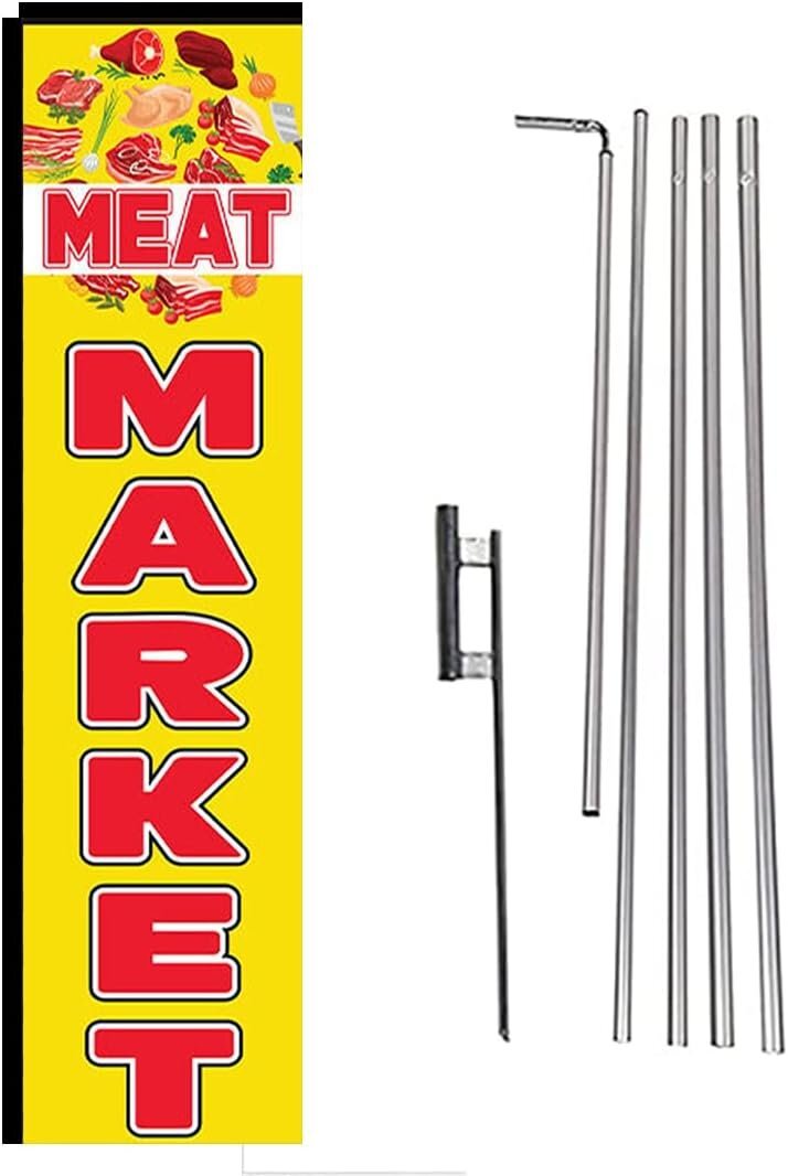 Meat Market Advertising Rectangle Feather Banner Swooper Flag Sign with Flag...