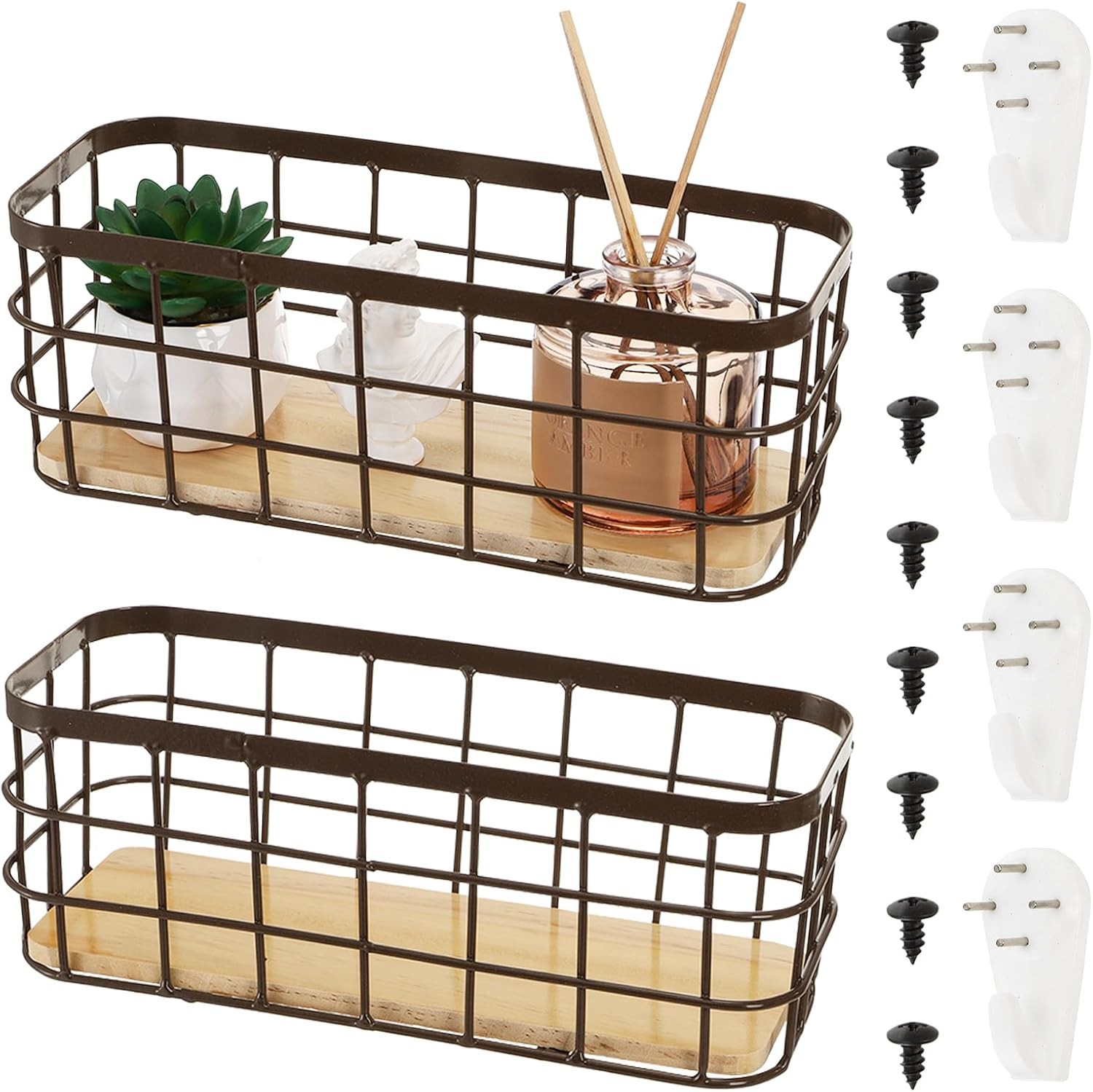 Set of 2 Small Wire Baskets, Narrow Rustic Storage Bin for Bathroom Counter,