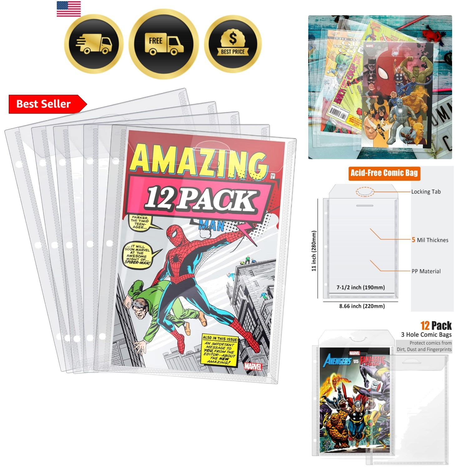 Comic Book Bags, Binder Sleeves for Comic Books, 12 Pack Comics Protector Bags
