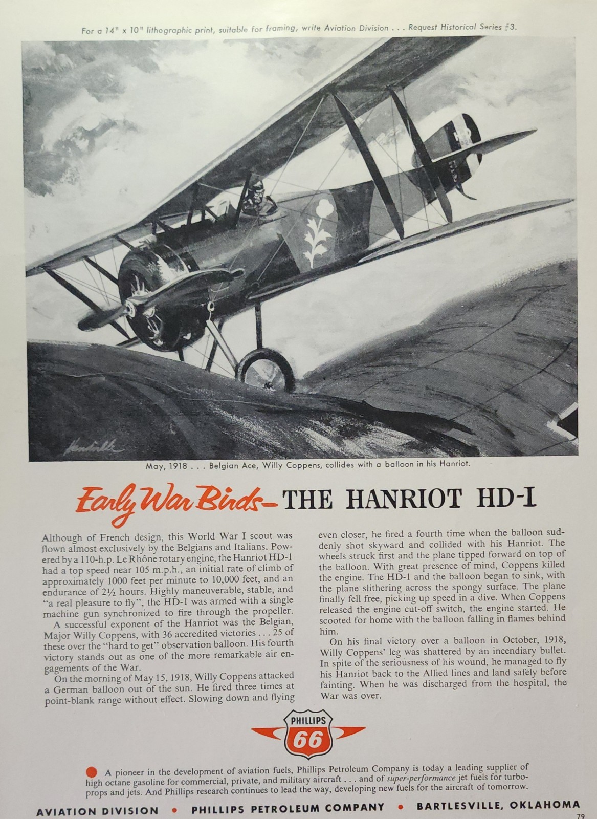Hanriot Plane Aircraft Picture Magazine Ad Original Vintage Phillips Aviation