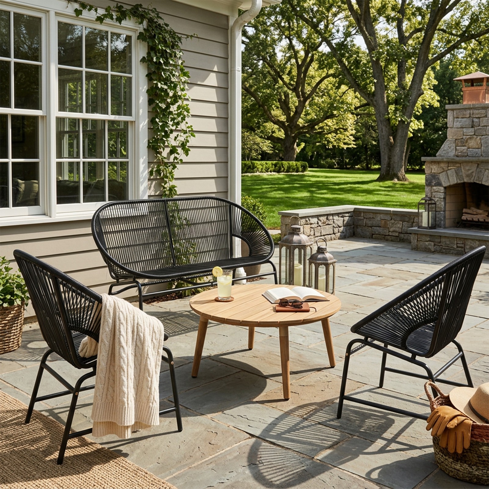 4 Piece Outdoor Patio Conversation Set Black PE Rattan Acacia Wood Table