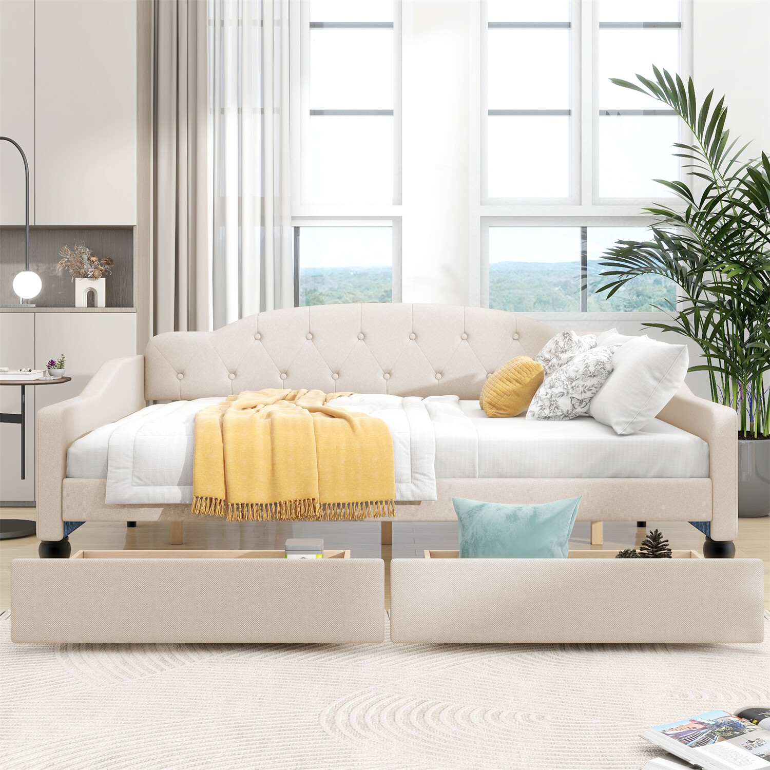 Full Size Daybed Upholstered Bed Frame Sofa Bed w/ 2 Storage Drawers Beige