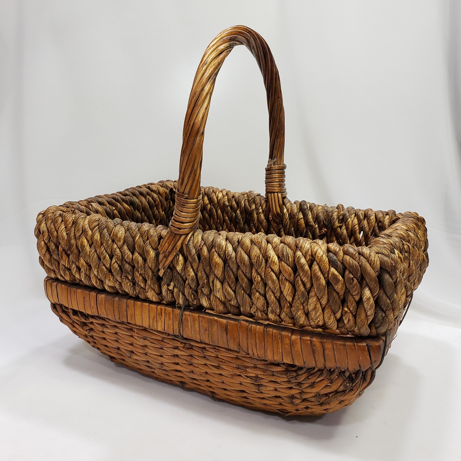 Vtg Gathering Basket Heavy Duty Woven Rectangular Market Harvest Utility Carrier