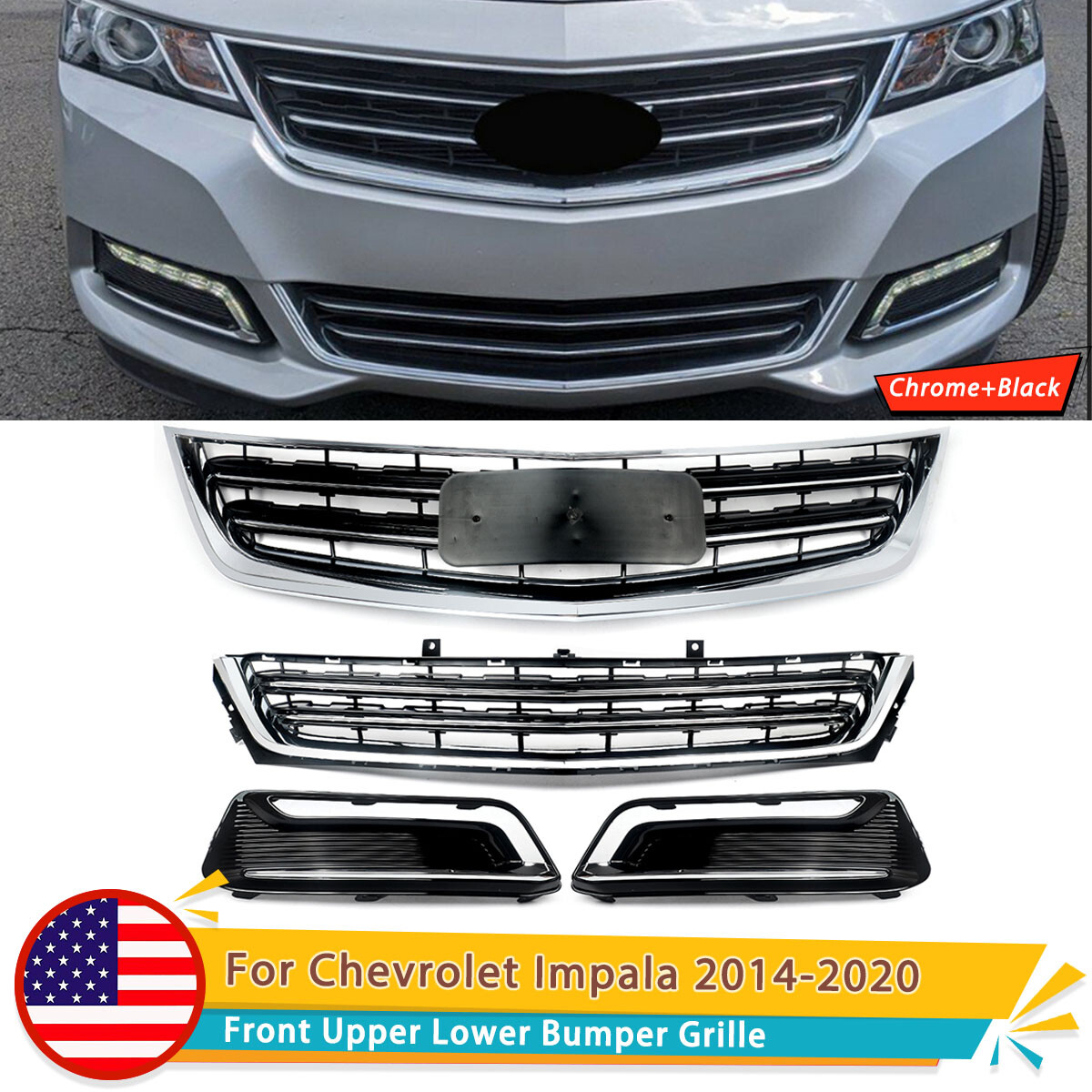 For 2014-2020 Chevrolet Impala Front Upper&Lower Bumper Grille w/Fog light Cover
