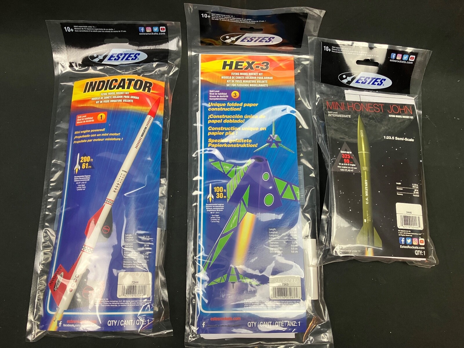 3 Estes Flying Model Rocket Kits: Indicator, Hex-3, Mini-Honest John