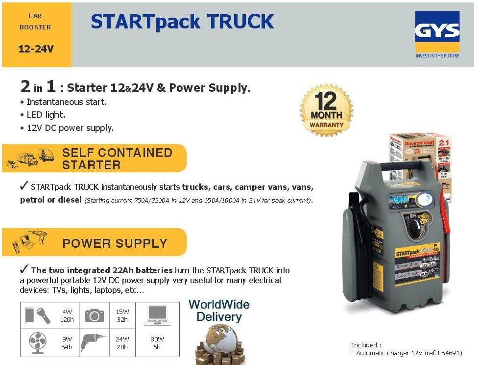 GYS TRUCK CAR CAMPER + VANS MINIBUS 2 IN 1 BOOSTER + POWER SUPPLY AUTO CHARGER