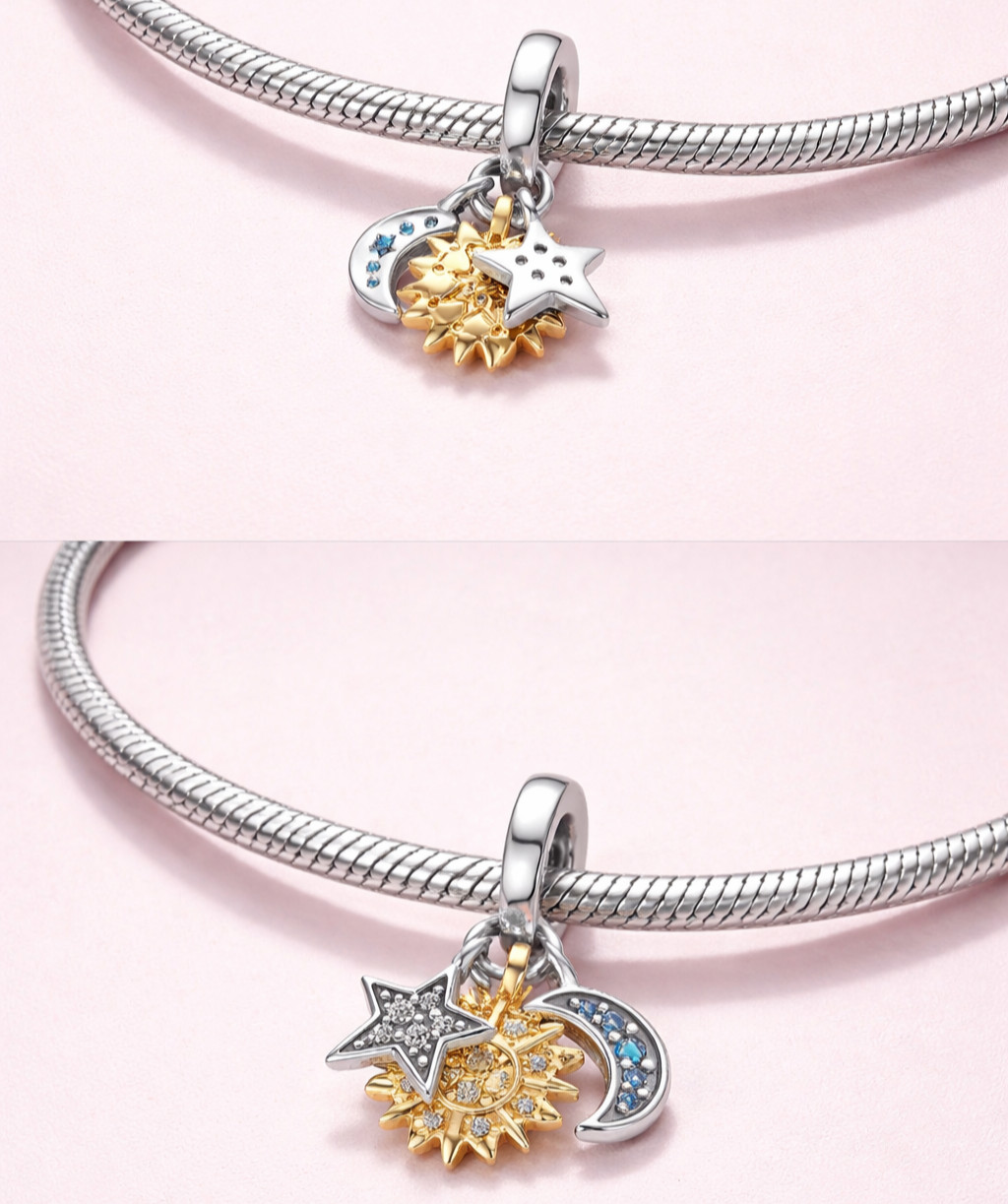 New Authentic Pandora Sun Moon Star TWO-TONE CELESTIAL Triple Charm 762676C01