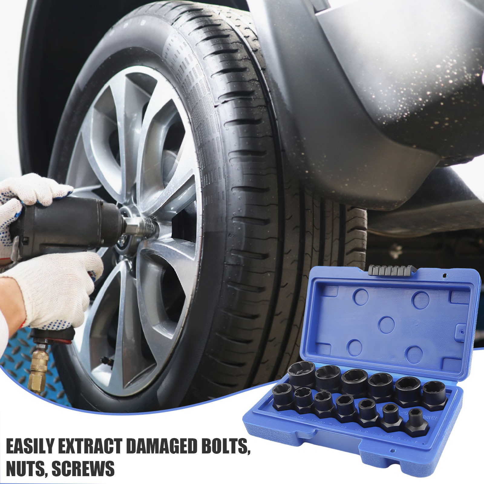 13pcs Bolt Extractor Damaged Lug Nut Remover Twist Socket Extractor Tool 8-19mm