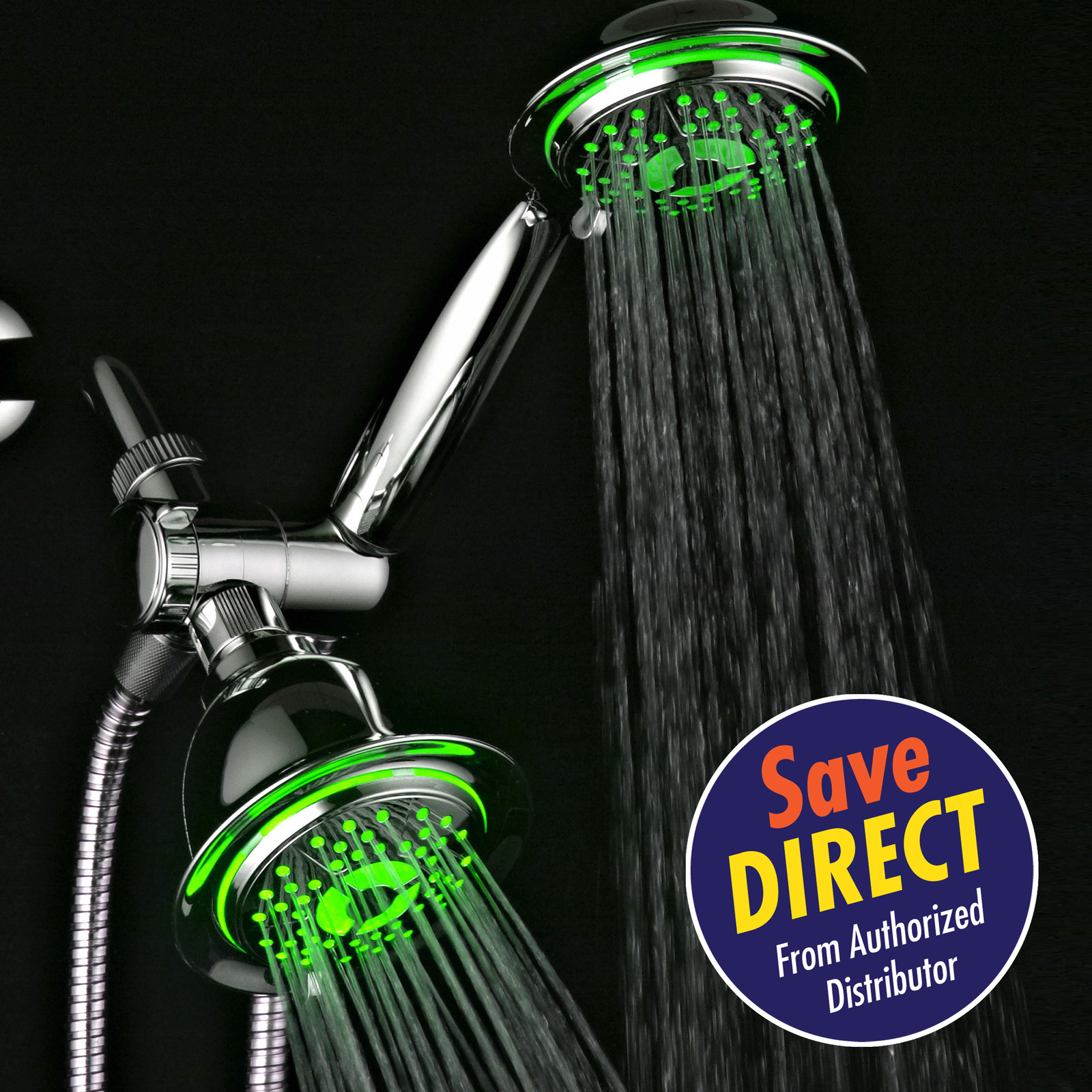 PowerSpa All-Chrome 7-Color LED Shower Head/Hand Held Shower High Pressure Twin