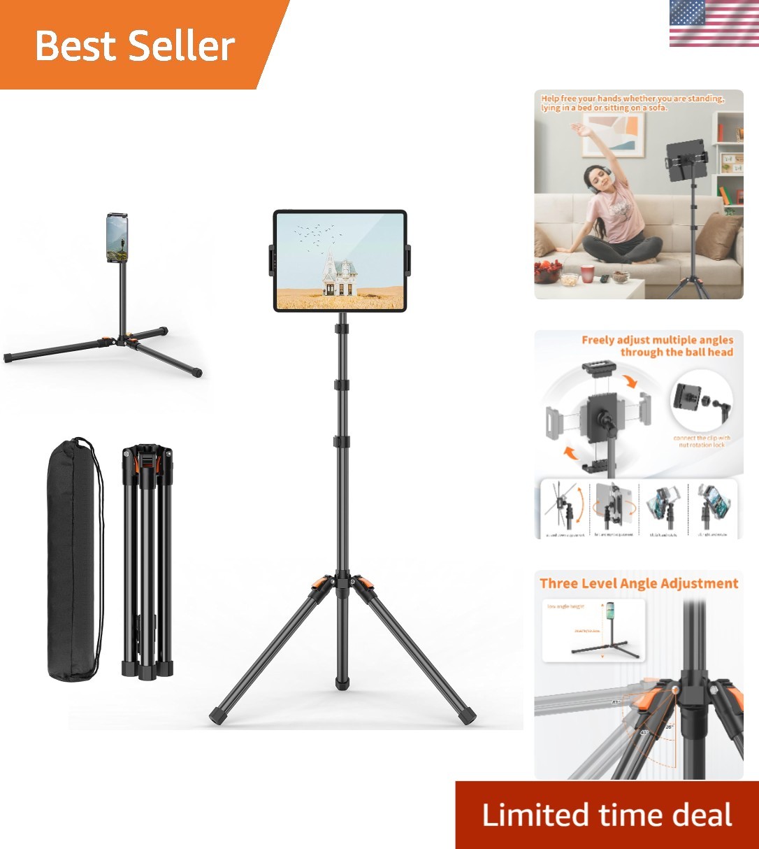 Traveler's Choice: Foldable 72in Tablet Stand with 360° Ball Head and Carry Case
