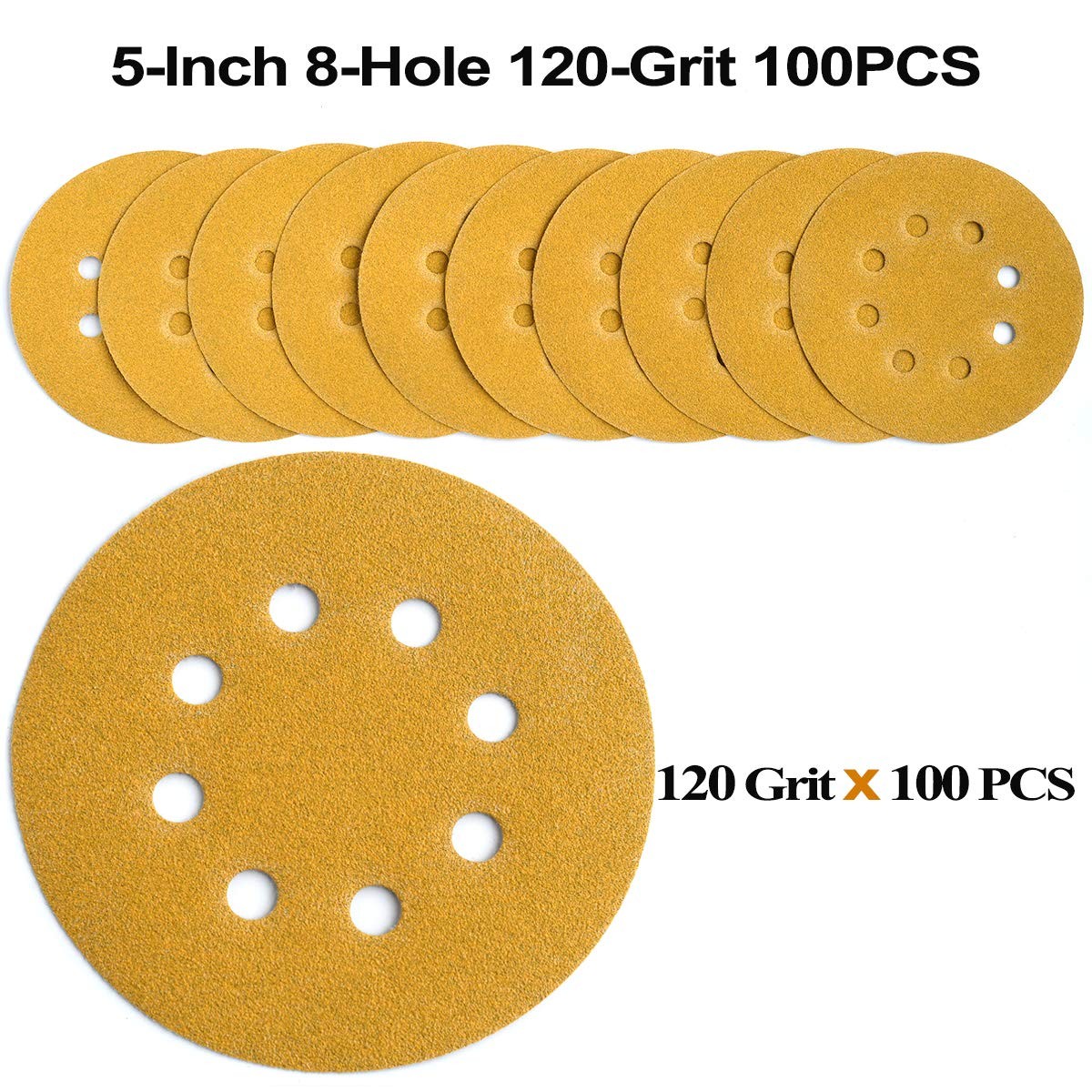 100PCS 5 inch Sanding Discs 120 Grit Hook Loop 8-Hole Sandpaper Hook and Loop US