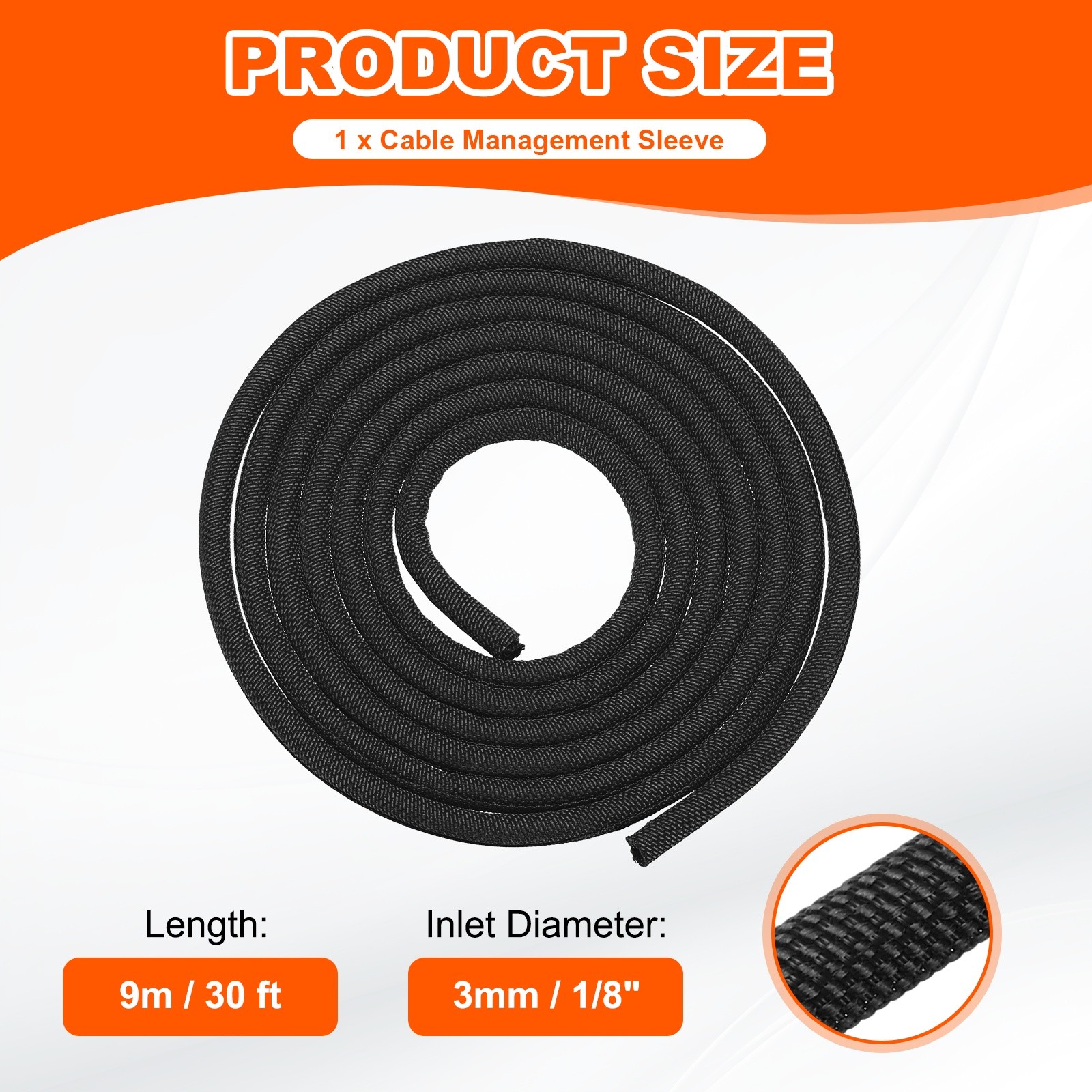 Wire Split Braided Cable Management Sleeve, Black (1/8" - 30 Feet)