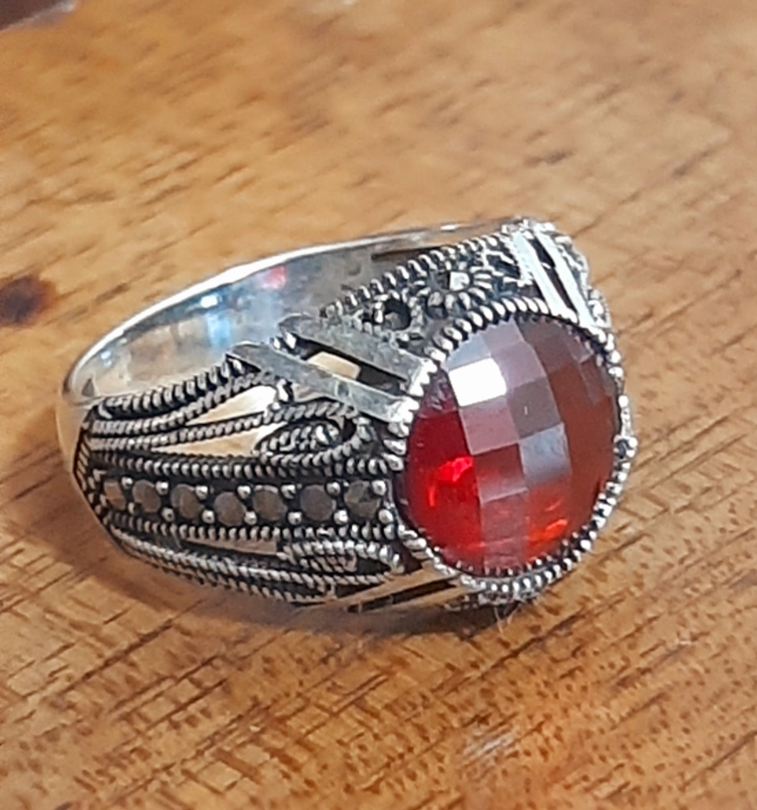 MENS 925 SILVER RING Red Tourmaline Solitaire Ruby Sterling Ring $