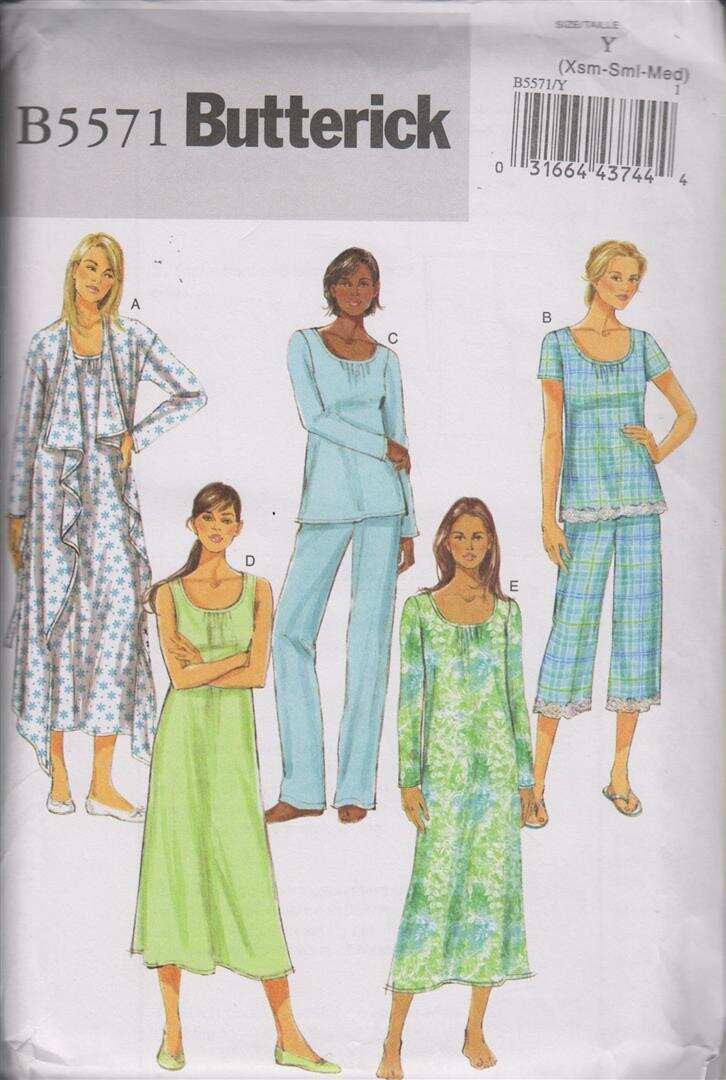 5571 BUTTERICK EASY MISSES' ROBE,BELT,TOP,GOWN & PANTS SZ XS-M