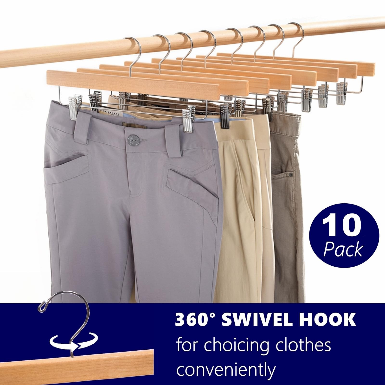 Wooden Pant Hangers with Clips, Skirt Hangers, Adjustable Heavy Duty Clip